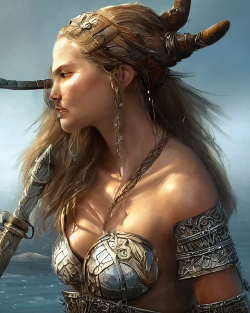 Image similar to A beautiful viking female warrior posing on a boat, bikini, perfect face, beautiful face, highly detailed face, close-up, fantasy woman, fantasy art, in the style of greg rutkowski, illustration, epic, fantasy, intricate, hyper detailed, artstation, concept art, smooth, sharp focus, ray tracing, profile shot