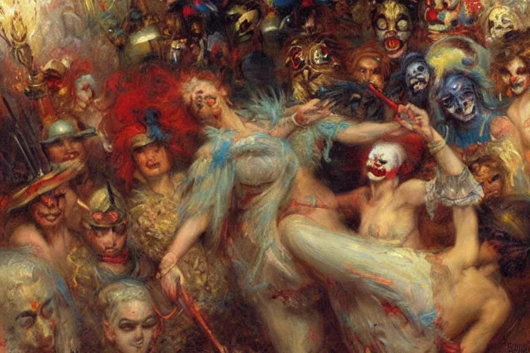 Image similar to war of the clowns. art by gaston bussiere.