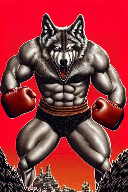 Image similar to extreme long shot. 8 bit nes graphics. antropomorphic muscular masculine wolf. kickboxer fighter, in shorts. wolf head. angry. fine details, very sharp, art from nes game cartridge, 8 0's, vhs artefacts, vaporwave style, marc simonetti and hermann nitsch and anish kapoor.