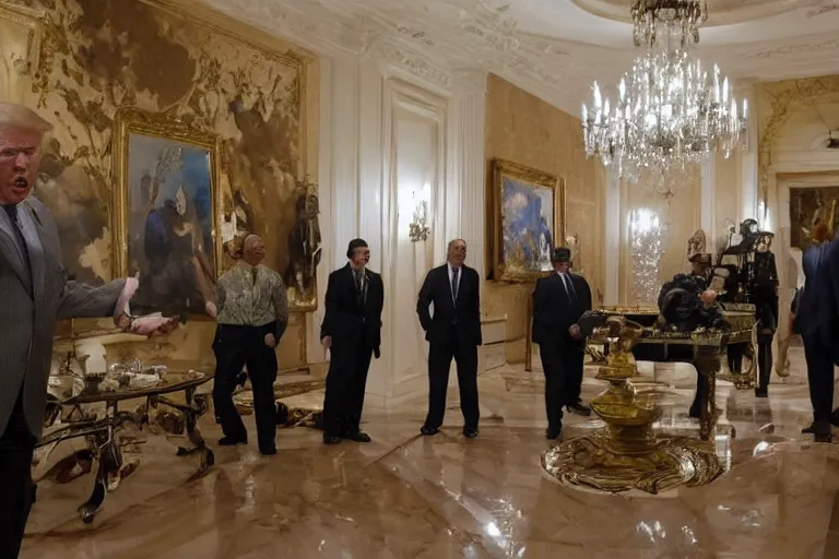 Prompt: Donald Trump aghast at federal agents raiding his Mar-a-Lago home, Highly detailed, Cinematic, balanced, photorealistic, 4k, Realistic, detailed