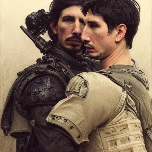 Prompt: portrait of adam driver helping a wounded john oliver, standing together, stoic, full body, military uniform, battle, war, fantasy, intricate, elegant, beautiful, highly detailed, charcoal, centered, dark, smokey, digital painting, artstation, concept art, smooth, sharp focus, illustration, art by artgerm and greg rutkowski and alphonse mucha