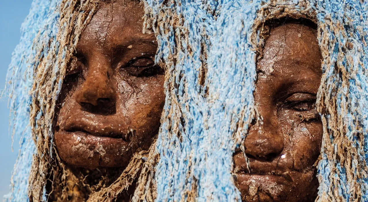 Image similar to close-up of a crying ancient dried up Oshun, peaceful, facing the camera and standing in front of a dried up river in a desolate land, dead trees, blue sky, hot and sunny, highly-detailed, elegant, dramatic lighting, artstation, 4k, cinematic landscape, photograph by Elisabeth Gadd