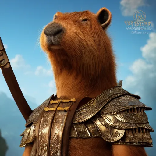 Image similar to fine art matte painting of an anthropomorphic capybara warrior in full intricate armor, ultra detailed, digital art, octane render 4K-H 720