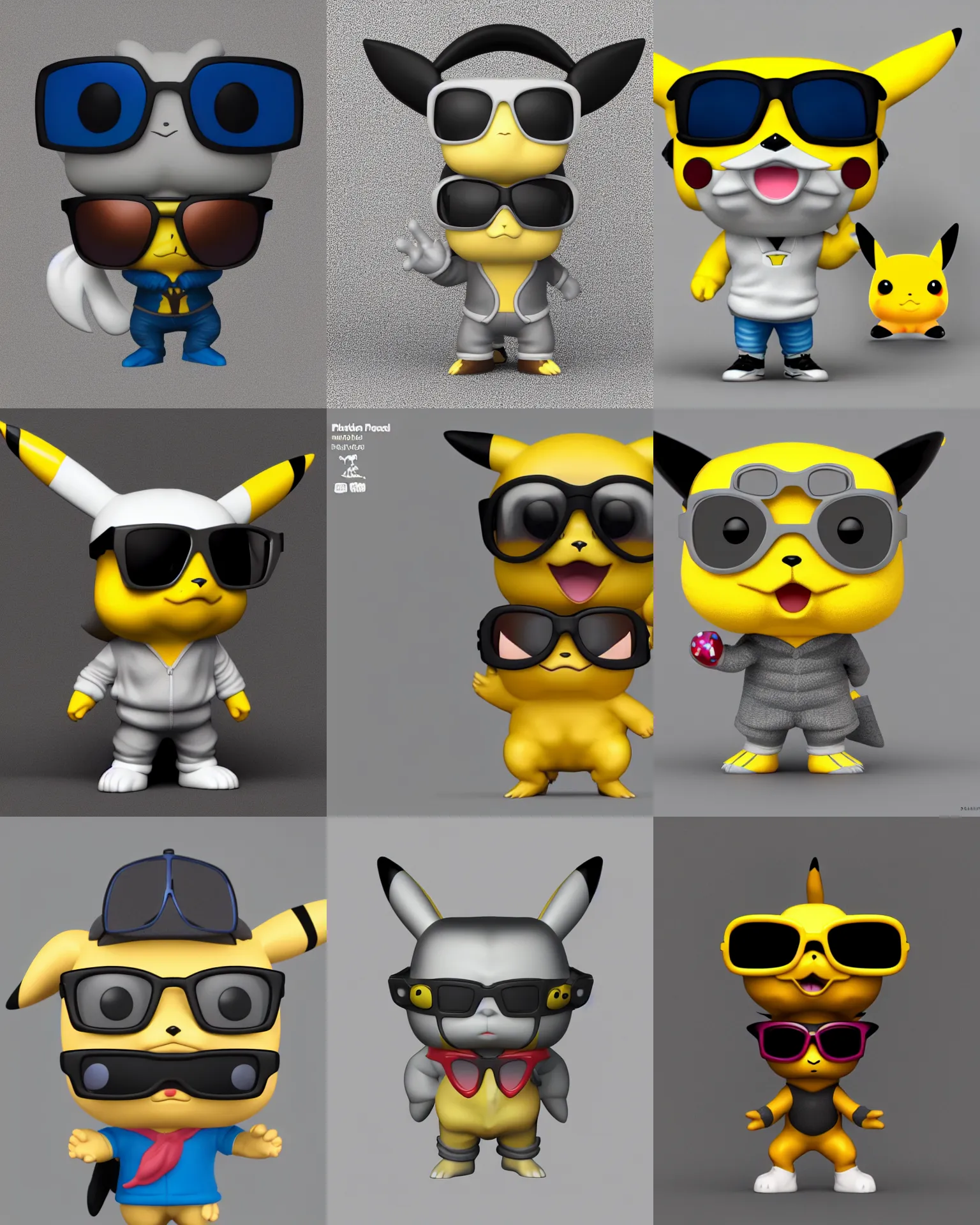 Prompt: full body 3d render of pikachu with sun glasses as a funko pop!, studio lighting, grey background, single head, no shadow, blender, trending on artstation, 8k, highly detailed