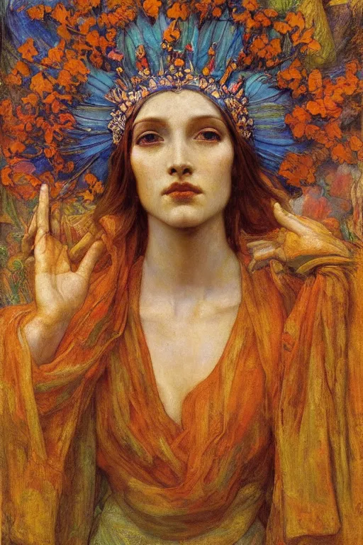 Image similar to queen of summer by Annie Swynnerton and Nicholas Roerich, strong dramatic cinematic lighting , ornate headdress , flowing robes, lost civilizations, smooth, sharp focus, extremely detailed