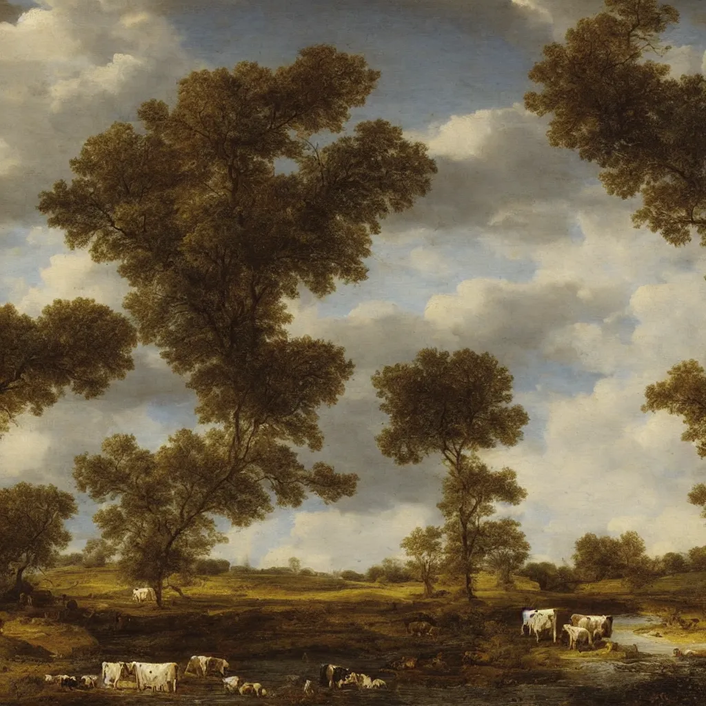 Prompt: Cows by a river by Jacob Van Ruisdael