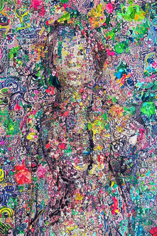 Prompt: hyperrealism, 2 0 y. o girl in in the style dustin yellin, of yoshitaka amano, style wrapped in flowers and wired in the style of yayoi kusama, by barry lyndon ultra detailed high resolution, 8 0 s print sci fi art