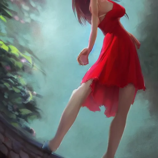 Image similar to red dress of aerith gainsborough by WLOP, rossdraws, Logan Cure, Mingchen Shen, BangkuART, sakimichan, yan gisuka, JeonSeok Lee, zeronis, Chengwei Pan on artstation