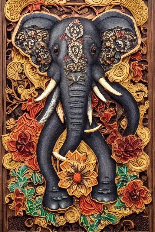 Image similar to Painted dark-wood panel relief carving of a Flowerpunk Matriarch Elephant, ornate border frame, explosion of colorful flowers, dark wood, intricately carved, black ink, festival of rich colors, intricate details, cinematic lighting, volumetric lighting, post-processing, by andreas rocha and john howe, and Martin Johnson Heade, featured on artstation, featured on behance, golden ratio, hyper detailed, photorealistic, epic composition, center spotlight, f32, well composed, UE5, 8k