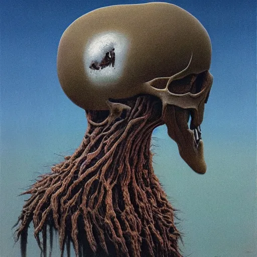 Image similar to emu skull as a zdzisław beksinski painting, surreal