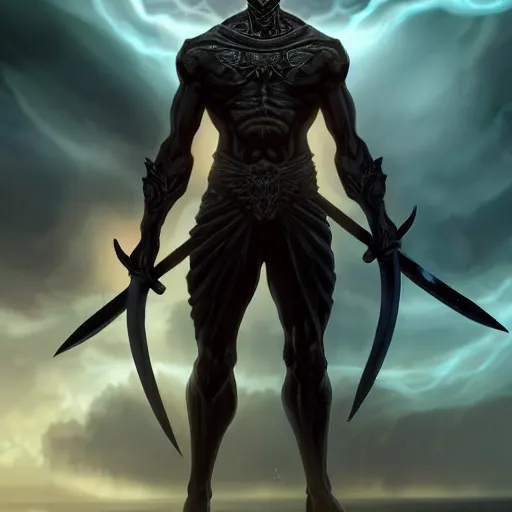 Image similar to A powerful handsome broad shouldered necromancer of jet black skin holding an exquisite sword standing at a distance. He gazes by the stormy sea and oozes extreme power and magic. Whole scene is powerful and magical and stunning to watch. Aesthetic!!!!!!, Unreal engine, 8k, trending on artstation, sharp focus, highly detailed, concept art, ultra HD, intricate, elegant,