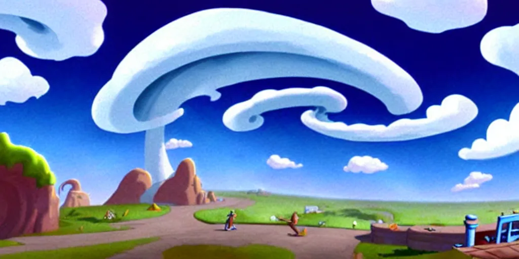 Prompt: cartoon concept art, clean blue sky spiral clouds, from sam and max