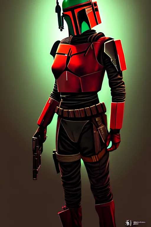 Image similar to commander shepard inspired by boba fett, digital portrait art, epic lighting, intricate, d & d, fantasy, cyberpunk x renaissance