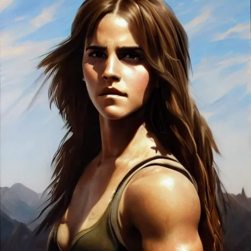 Image similar to ultra realistic portrait painting of emma watson as lara croft, art by frank frazetta, 4 k, ultra realistic, highly detailed, epic lighting.