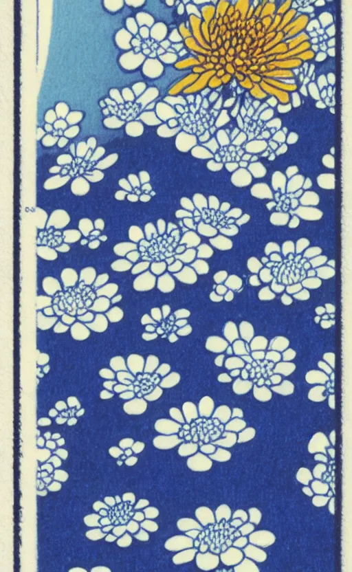 Image similar to by akio watanabe, manga art, chrysanthemum flower inside blue and white japanese sake cup, trading card front