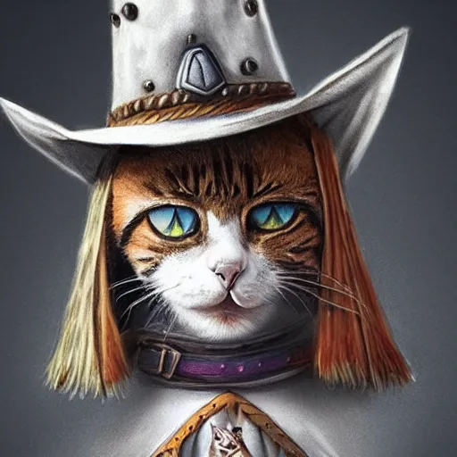 Prompt: cats wearing cowboy and wizard hats, fantasy, hyper realism, trending on artstation