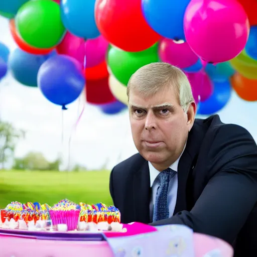 Prompt: prince andrew looking nervous at a children's birthday party, cake, balloons, wide angle, 14mm