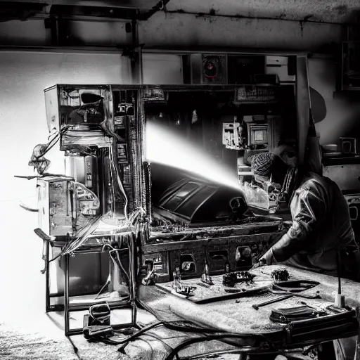 Image similar to technician repairing head of toaster oven mecha, dark messy smoke - filled cluttered workshop, dark, dramatic lighting, orange tint, cinematic, highly detailed, sci - fi, futuristic, movie still