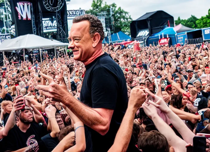 Image similar to photo still of tom hanks at vans warped tour!!!!!!!! at age 4 5 years old 4 5 years of age!!!!!!! stage diving into a crowd, 8 k, 8 5 mm f 1. 8, studio lighting, rim light, right side key light