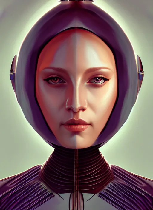 Image similar to portrait of female android, symmetry, intricate, elegant, highly detailed, smooth, sharp focus, concept art, digital painting, illustration, artstation, by fra angelico and greg ruthkowski