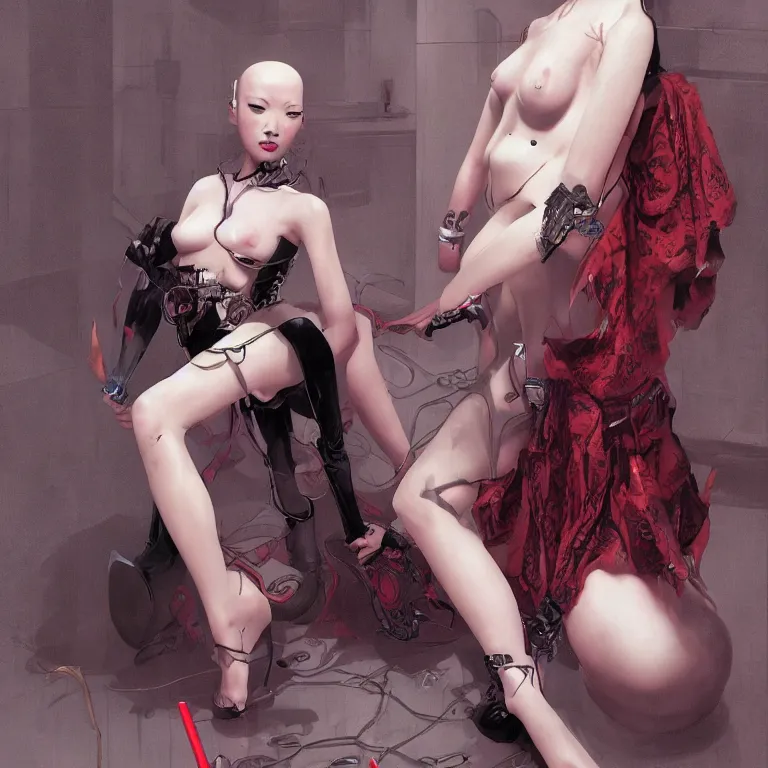 Image similar to sensual chinese domme, cyberpunk fashion, porcelain skin, vogue, james gurney, wayne barlowe, 4 k