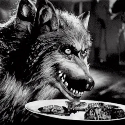 Image similar to film still of a werewolf asking for food in the wolf man 1 9 4 1