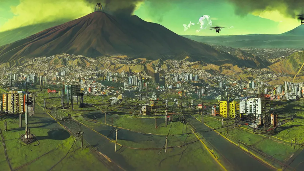 Prompt: Nuclear Nature Solarpunk harmony; Drone shots of Quito, Ecuador; by Simon Stålenhag, oil on canvas; Art Direction by James Cameron; 4K, 8K; Ultra-Realistic Depth Shading