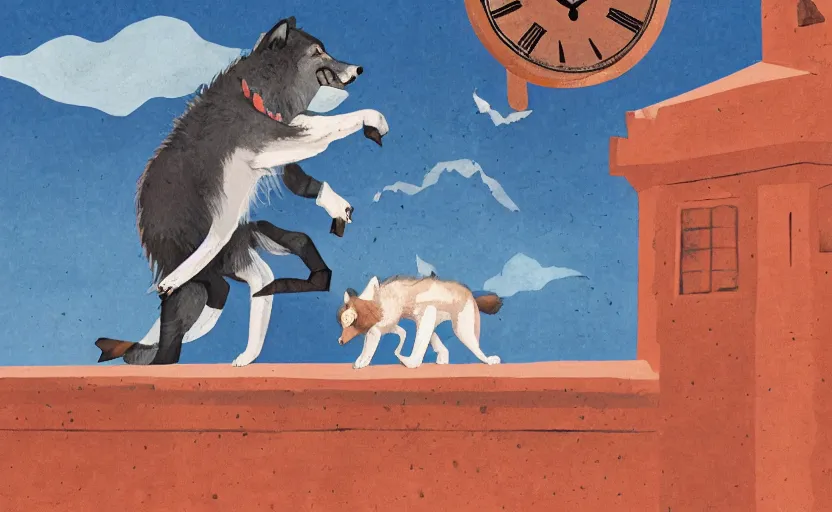 Image similar to a boy fighting a wolf on the edge of a clocktower, digital gouache, print