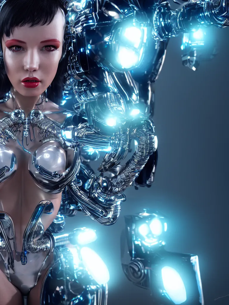 Prompt: cinematic, photography, medium shot, portrait, a beautiful betty page cyborg, perfect chromium bionic body, holographic ui data displays, hud interface, floating power cables, hajime sorayama, h. r. giger, octane rendered, 4 k, lens flare,