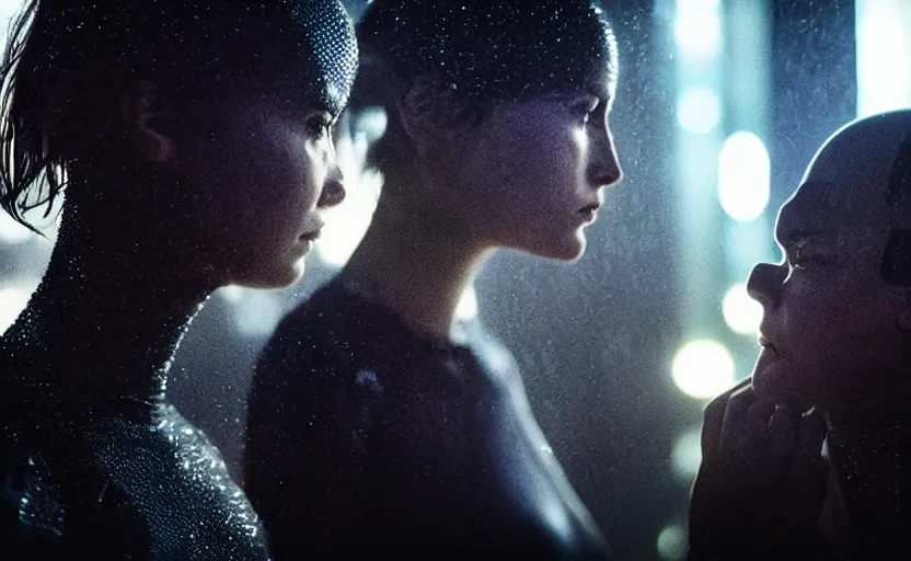 Image similar to cinestill 5 0 d candid photographic portrait by christopher nolan of two loving female androids sobbing wearing rugged black mesh techwear in treacherous waters, medium closeup, modern cyberpunk moody emotional cinematic, pouring iridescent rain bright spotlight, 8 k, hd, high resolution, 3 5 mm, f / 3 2, ultra realistic faces, ex machina