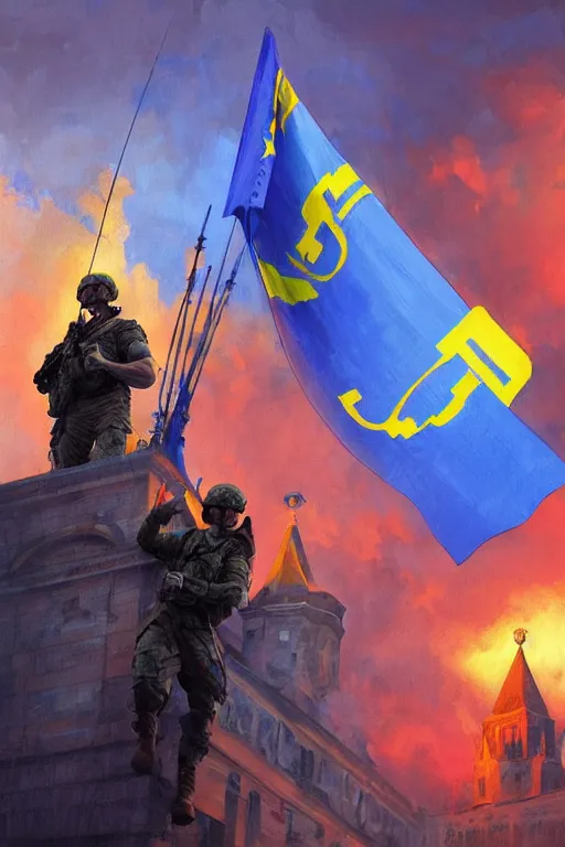 Image similar to special forces soldier raising ukrainian blue and yellow flag on red square kremlin, masculine figure, d & d, fantasy, bright atmosphere, volumetric lights, intricate, elegant, extremely detailed, digital painting, artstation, concept art, matte, smooth, sharp focus, hyper realistic, illustration, art by artgerm and greg rutkowski and alphonse mucha