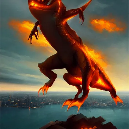 Image similar to charizard flying above new york, beautiful, serene colors, lake background, complimentary contrast, dramatic lighting, masterpiece, high contrast, painted by stanley lau, painted by greg rutkowski, painted by stanley artgerm, digital art, trending on artstation