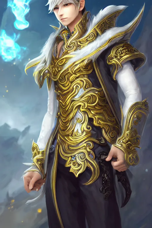 Image similar to fullbody portrait of a male fit hero with strange hairs, soft smile, baroque cloth, final fantasy, league of legends champion, strong iridescent light, by chengwei pan and sakimichan, gradient white to gold, in front of a magical building background, highly detailed portrait, digital painting, smooth, focus illustration