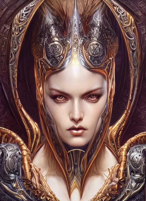 Image similar to a highly detailed symmetrical painting of a female fantasy character with piercing beautiful eyes, art by artgerm and karol bak and mark brooks and donato giancola and bayard wu and gustav moreau and wayne barlowe