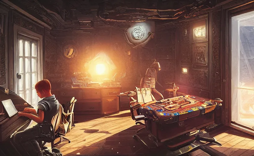 Prompt: advanced civilisation boy playing game at his gaming room, close - up to the gaming setup, intricate details, led lights, sci - fi, indoor, spacious, art by filip hodas and artgerm