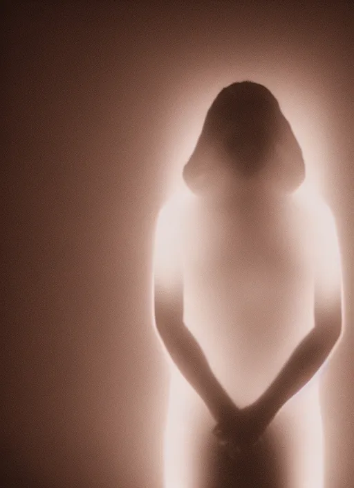 Image similar to a female silhouette, white glowing aura, diffraction grading, fog, film grain, cinematic lighting