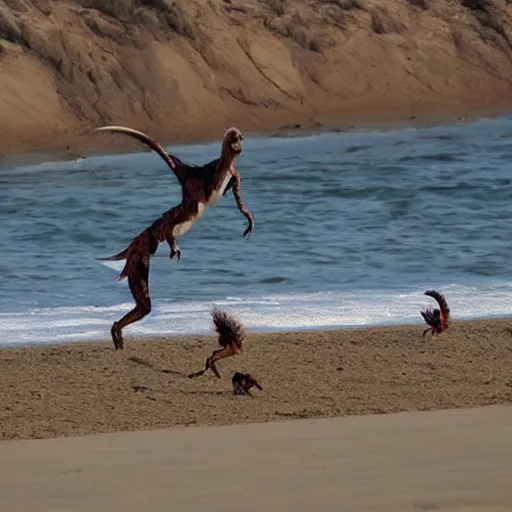Prompt: velociraptors chasing people on the beach in california