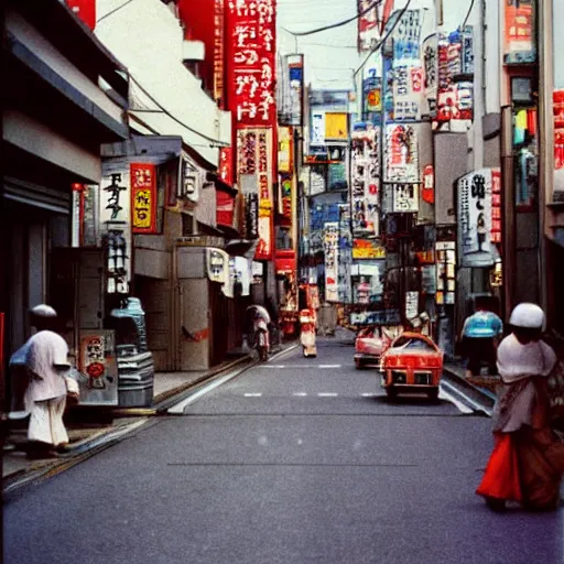 Image similar to Japan 1970's streets, color photo by Slim Aarons