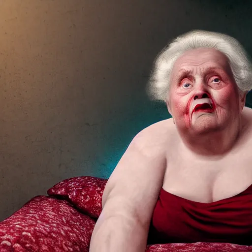 Image similar to a beautiful cinematic poetic scene, full body, of an old sweet fat lady, with a red mouth, blue eyes, lying on a fancy bed. clear face. subsurface scattering shiny skin. beautiful lighting, 4 k post - processing, trending in art station, cg society, highly detailed, 5 k extremely detailed, 3 d. cinematic scene. sharp image.