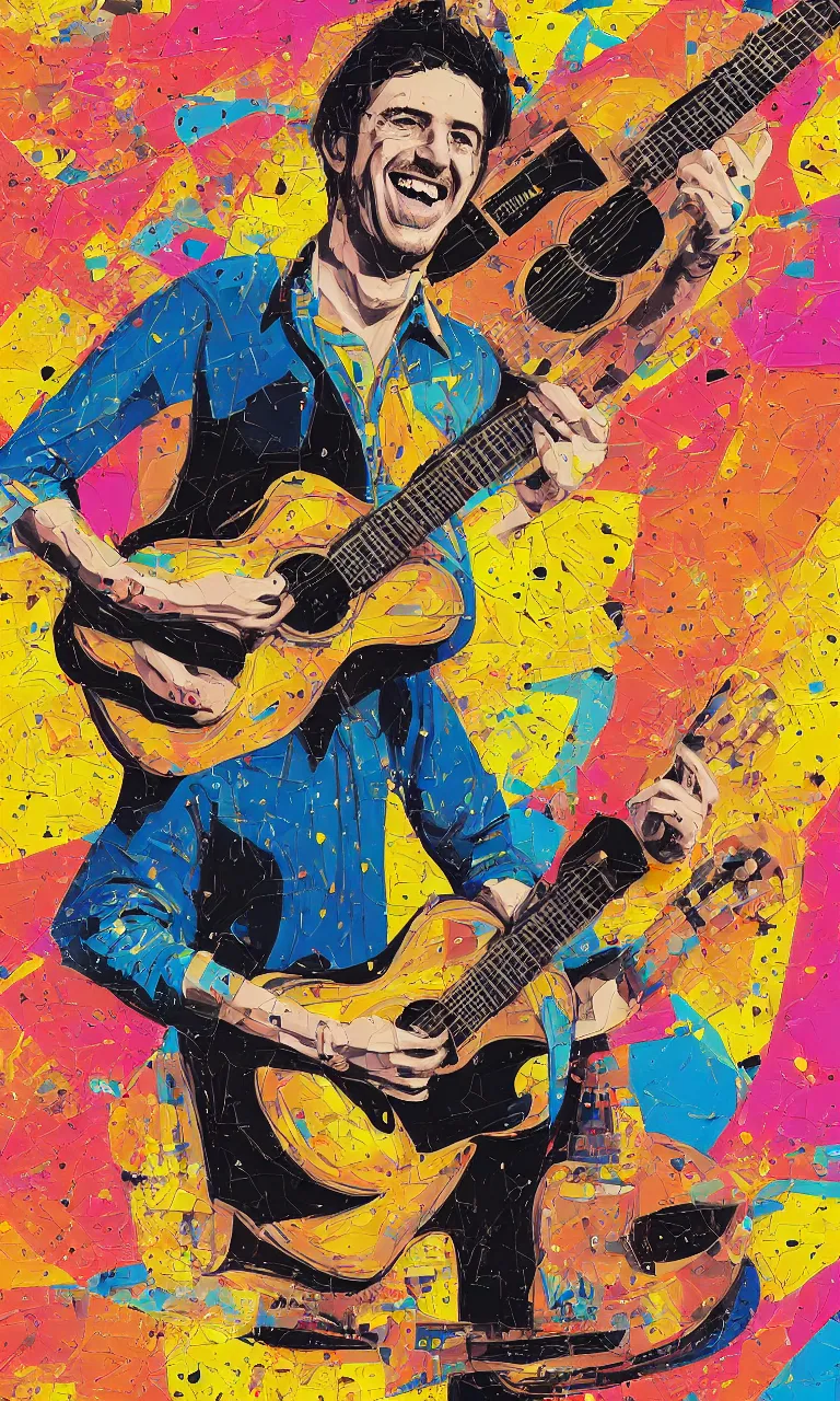 Image similar to random smiling funny guy with guitar, pop art, aesthetic art, 8 k, asymmetrical, high details, digital painting, concept art, smooth, beautiful, full body perfect, sharp focus, illustration, intricate, art by arstation and mimmo rotella, pixels art by paul robertson