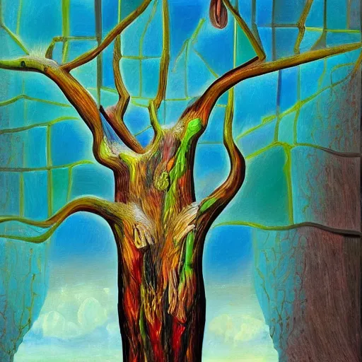Image similar to Trending on artstation, 8K, highly detailed, cubism painting of a tree, in the style of Salvador Dalí