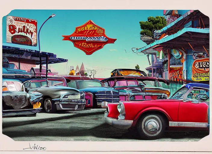 Image similar to car lot, lowbrow, matte painting, 3 - d highly detailed, in the style of mark ryden,