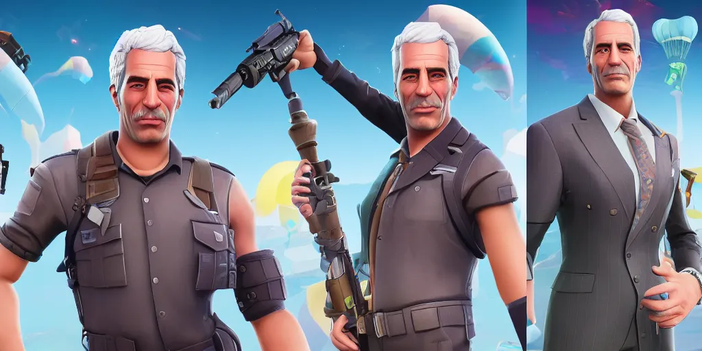 Prompt: jeffrey epstein as a fortnite skin. concept art. 8 k resolution