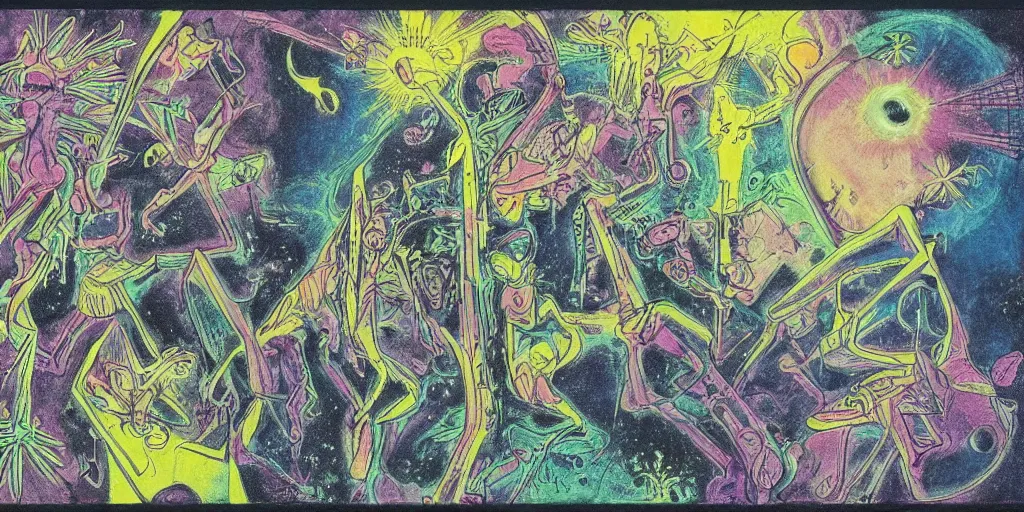 Image similar to dawn of creation; first atom; beings of light and darkness; ethereal plane. Bright neon VaporWave colors. illustrated by maurice sendak and Stephen Gammell and jean dubuffet