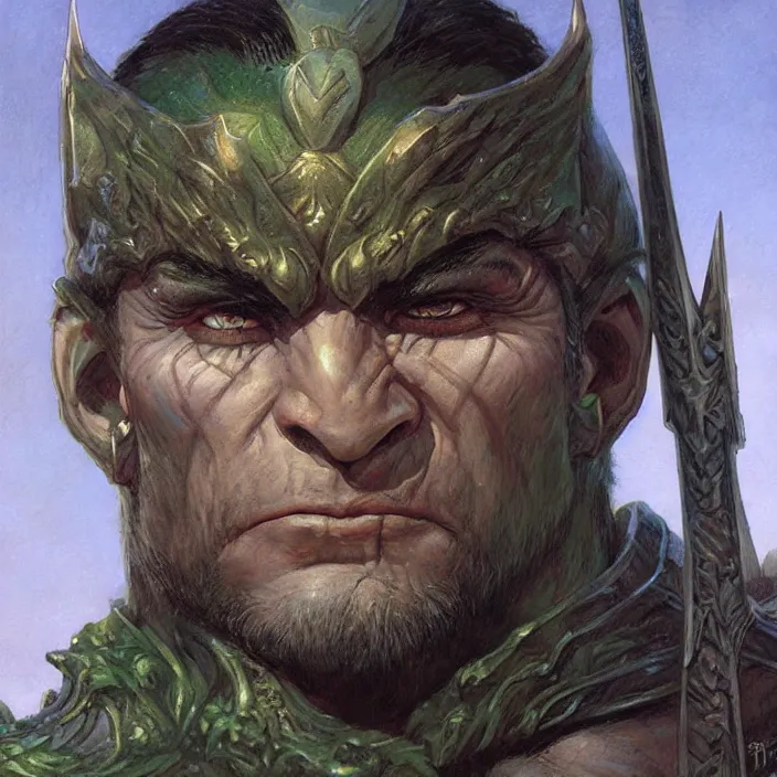 Prompt: a fantasy comic book style portrait painting of a half - orc male warrior, art by donato giancola and bayard wu and gustav moreau and wayne barlowe