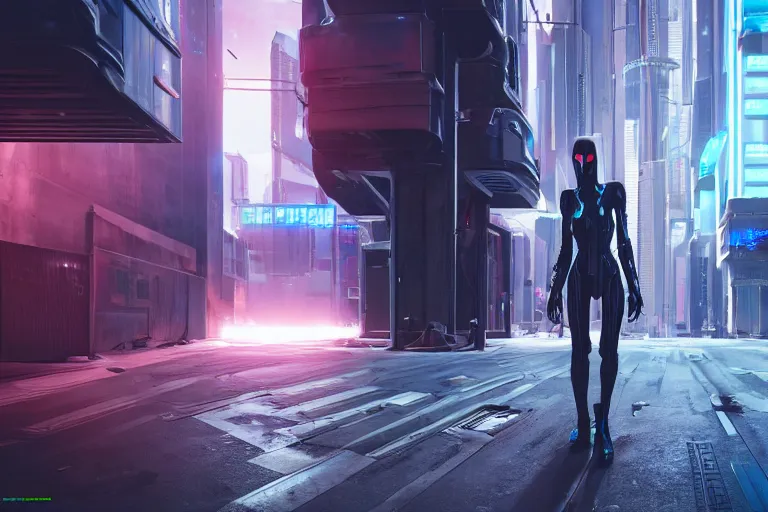 Image similar to cyberpunk alien concept inspired street, futuristic look, highly detailed body, very powerful, photorealistic camera shot, bright studio setting, studio lighting, crisp quality and light reflections, unreal engine 5 quality render