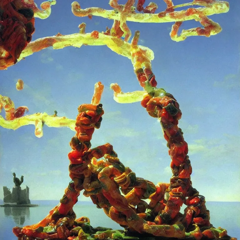 Image similar to A Monumental Public Sculpture of a 'Fist made out of Gummy Spaghetti' on a pedestal by the lake, surreal oil painting by John Singer Sargent and Maxfield Parrish and Max Ernst shocking detail hyperrealistic!! Cinematic lighting