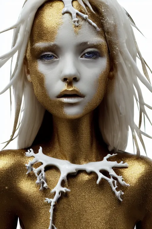 Image similar to full head and shoulders, beautiful porcelain female person, smooth, delicate facial features, white detailed eyes, white lashes, 3 d white anatomical bones, large electrical gold sparks, gold leaf and glowing lightening, by daniel arsham and james jean