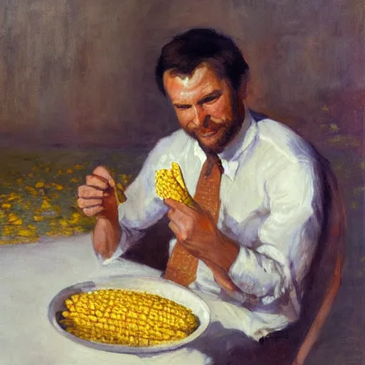 Image similar to a highly detailed beautiful portrait of man enjoying corn on the cob, by gregory manchess, james gurney, james jean