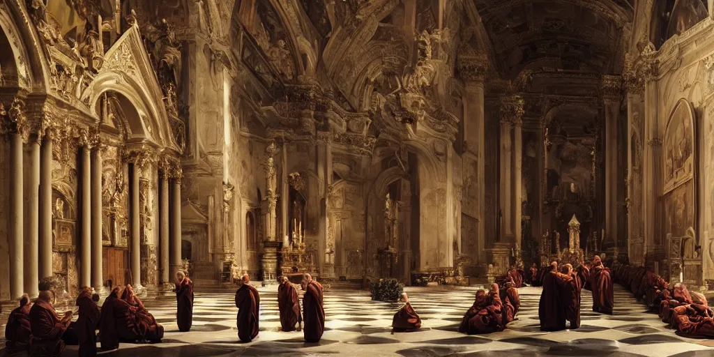 Prompt: beautiful oil matte portrait painting, monks holding a church ceremony inside a baroque cathedral, wonderful masterpiece highly detailed, beautiful cinematic light deep focus, elegant, digital painting, smooth, sharp focus, golden ratio, dramatic illumination, ultra realistic, 8 k, art by giovanni bellini and caravaggio